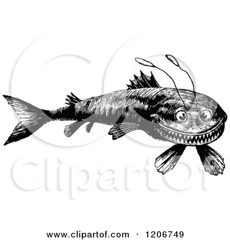 Clipart of a Vintage Black and White Funny Fish - Royalty Free Vector Illustration by Prawny Vintage