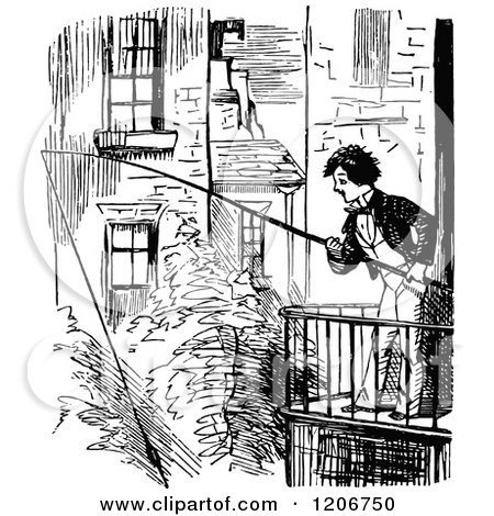 Clipart of a Vintage Black and White Man Fishing from a Balcony - Royalty Free Vector Illustration by Prawny Vintage