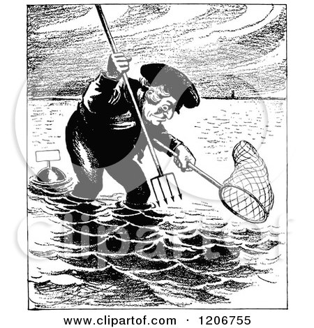 Clipart of a Vintage Black and White Man Fishing with a Pitchfork and Net - Royalty Free Vector Illustration by Prawny Vintage
