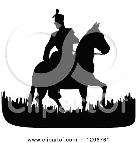Clipart of a Vintage Black and White Silhouetted Horseback Soldier - Royalty Free Vector Illustration by Prawny Vintage