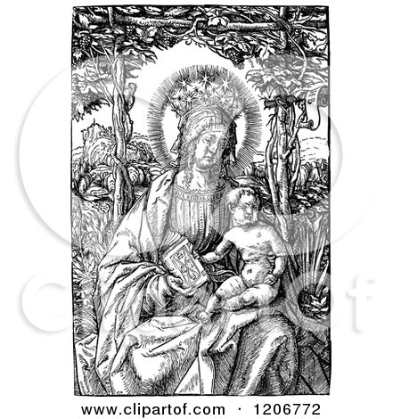 Clipart of Vintage Black and White Madonna with Child - Royalty Free Vector Illustration by Prawny Vintage