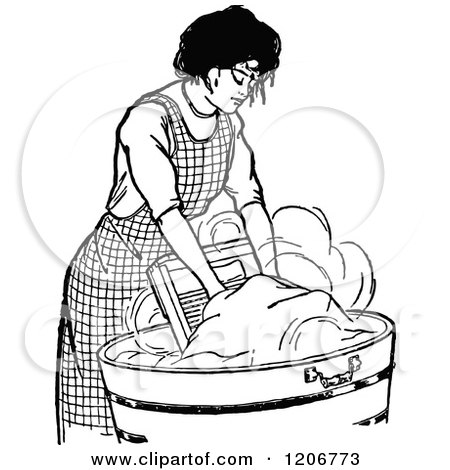 Clipart of a Vintage Black and White Woman Washing Laundry - Royalty Free Vector Illustration by Prawny Vintage