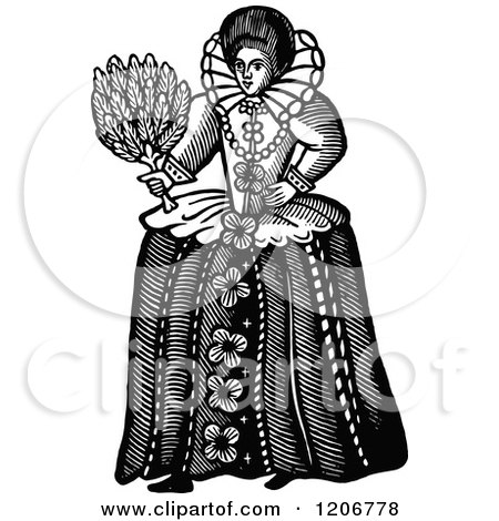 Clipart of a Vintage Black and White Elizabethan Woman - Royalty Free Vector Illustration by Prawny Vintage