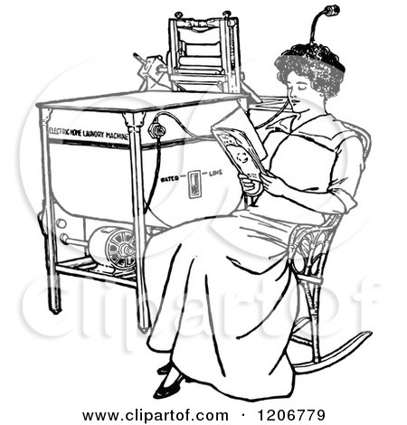 Clipart of a Vintage Black and White Woman Reading by an Antique Laundry Machine - Royalty Free Vector Illustration by Prawny Vintage