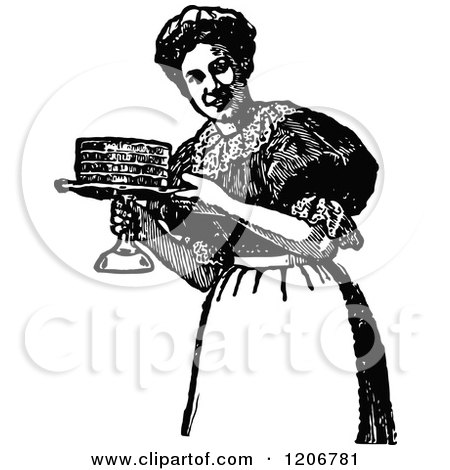 Clipart of a Vintage Black and White Maid Serving a Cake - Royalty Free Vector Illustration by Prawny Vintage