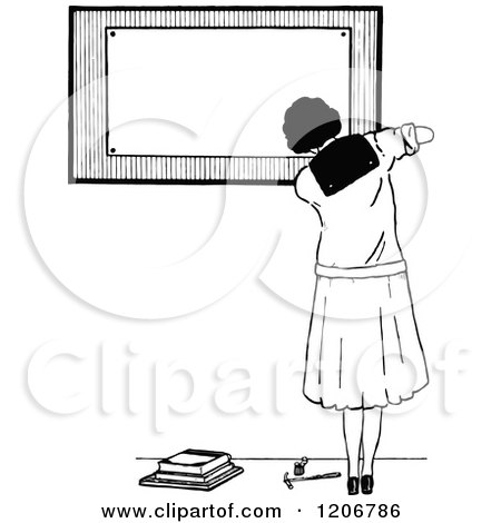 Clipart of a Vintage Black and White Female College Student by a Board - Royalty Free Vector Illustration by Prawny Vintage