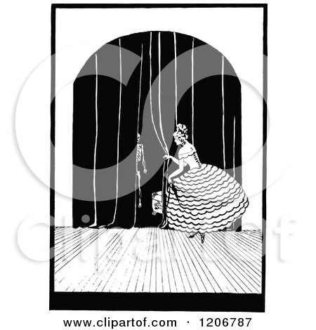 Clipart of a Vintage Black and White Lady Pulling Back Curtains on Stage - Royalty Free Vector Illustration by Prawny Vintage
