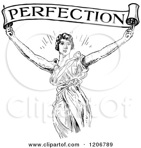 Clipart of a Vintage Black and White Woman Holding up a Perfection Banner Scroll - Royalty Free Vector Illustration by Prawny Vintage