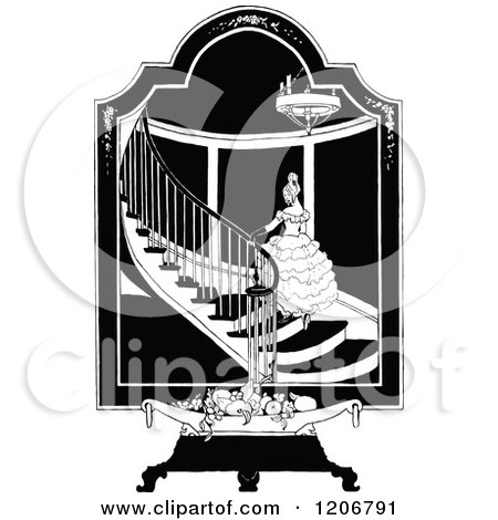 Clipart of a Vintage Black and White Formal Woman on a Staircase - Royalty Free Vector Illustration by Prawny Vintage