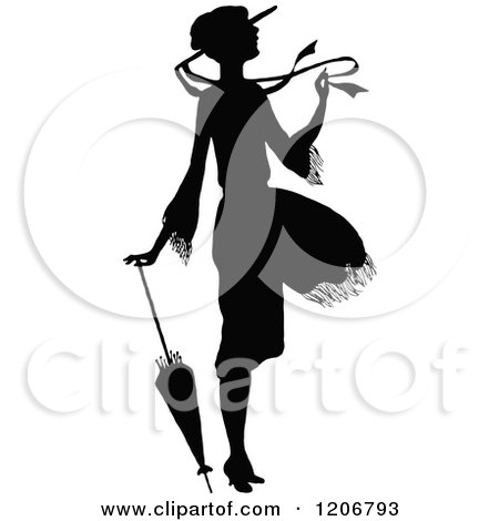 Clipart of a Vintage Black and White Silhouetted Woman in a Breeze, with an Umbrella - Royalty Free Vector Illustration by Prawny Vintage