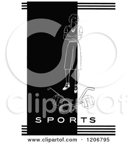 Clipart of a Vintage Black and White Woman with Sports Items and Text - Royalty Free Vector Illustration by Prawny Vintage