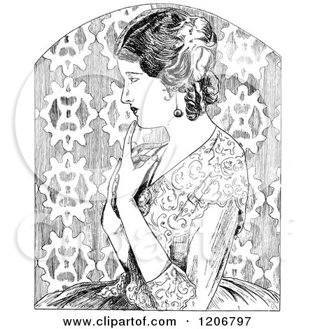 Clipart of a Vintage Black and White Lady in a Thoughtful Pose - Royalty Free Vector Illustration by Prawny Vintage