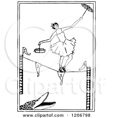 Clipart of a Vintage Black and White Ballerina Tight Rope Walking over an Alligator - Royalty Free Vector Illustration by Prawny Vintage