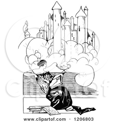 Clipart of a Vintage Black and White Woman Reading Under a Castle - Royalty Free Vector Illustration by Prawny Vintage