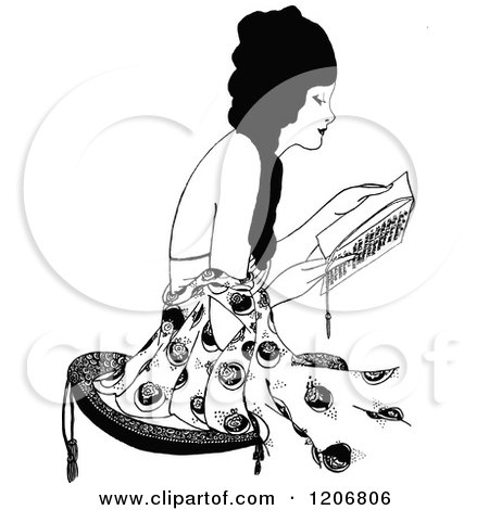 Clipart of a Vintage Black and White Woman Reading - Royalty Free Vector Illustration by Prawny Vintage