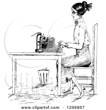 Clipart of a Vintage Black and White Woman Typing at a Desk - Royalty Free Vector Illustration by Prawny Vintage