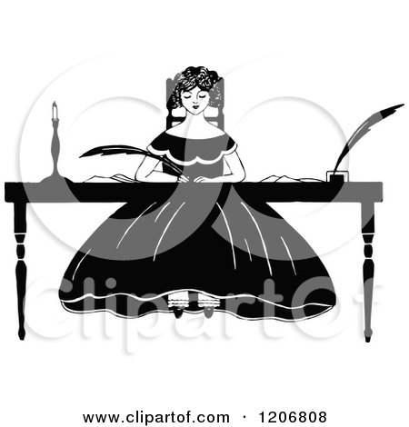 Clipart of a Vintage Black and White Woman Writing at a Desk - Royalty Free Vector Illustration by Prawny Vintage