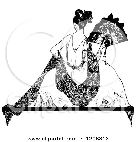 Clipart of a Vintage Black and White Rear View of an Elegant Lady with a Fan - Royalty Free Vector Illustration by Prawny Vintage