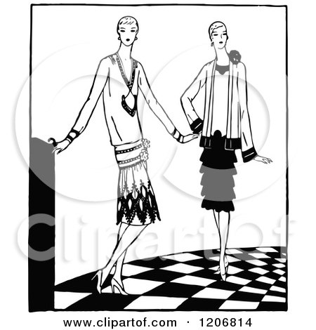 Clipart of Vintage Black and White Fashionable Ladies - Royalty Free Vector Illustration by Prawny Vintage