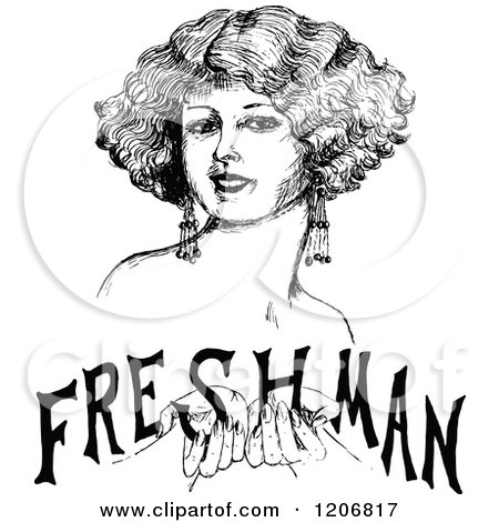 Clipart of a Vintage Black and White Woman Holding Freshman Text - Royalty Free Vector Illustration by Prawny Vintage