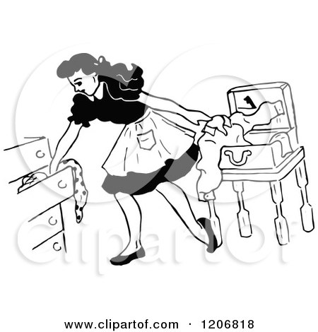 Clipart of a Vintage Black and White Woman Packing Her Clothes - Royalty Free Vector Illustration by Prawny Vintage