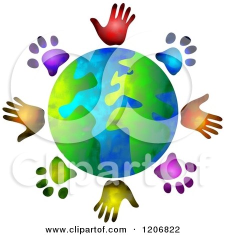 Clipart Of A Globe Circled by Diverse Hand and Paw Prints - Royalty Free Illustration by Prawny