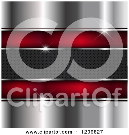 Clipart of a 3d Shiny Chrome and Red Metal Background with Perforated Metal - Royalty Free Vector Illustration by KJ Pargeter