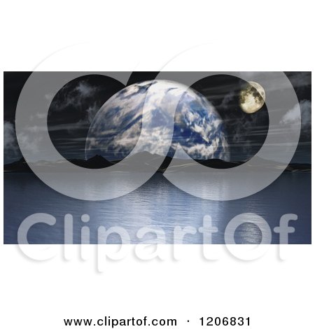 Clipart of a 3d Earth and Moon over the Horizon of an Alien Sea - Royalty Free CGI Illustration by KJ Pargeter