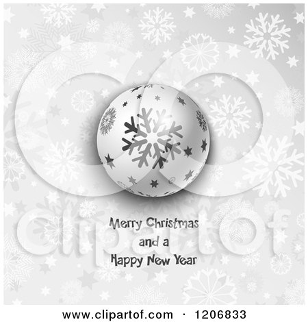 Clipart of a Grayscale Snowflake Orb with Merry Christmas and Happy New Year Text - Royalty Free Vector Illustration by KJ Pargeter