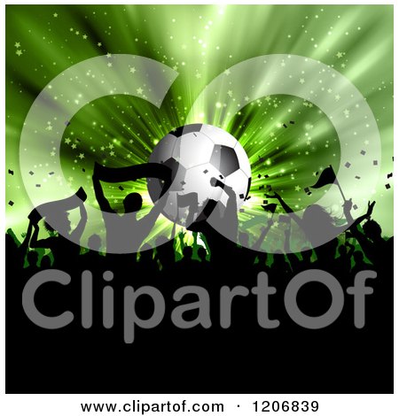Clipart of a Soccer Ball and Green Burst with Sports Fans - Royalty Free Vector Illustration by KJ Pargeter
