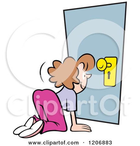 Cartoon of a Happy Snooping Woman Looking Through a Key Hole - Royalty Free Vector Clipart by Johnny Sajem