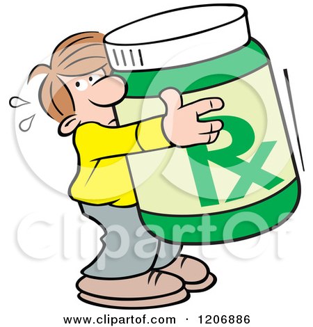 Cartoon of a Man Hugging a Giant Bottle of Meds - Royalty Free Vector Clipart by Johnny Sajem