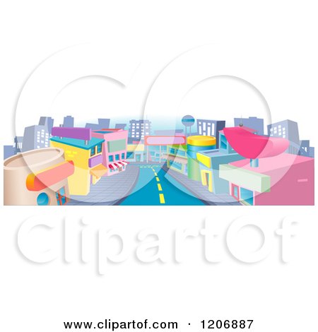 Cartoon of a Commercial Street with Shops and a Road - Royalty Free Vector Clipart by AtStockIllustration
