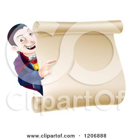 Cartoon of a Happy Dracula Halloween Vampire Pointing at a Sign Scroll - Royalty Free Vector Clipart by AtStockIllustration
