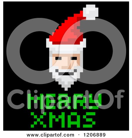 Clipart of a Pixelated Video Game Santa and Merry Xmas Text on Black - Royalty Free Vector Illustration by AtStockIllustration