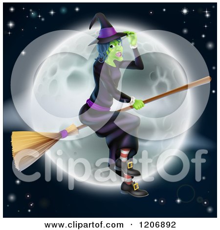 Cartoon of a Green Halloween Witch Tipping Her Hat and Flying Her Broom over a Full Moon - Royalty Free Vector Clipart by AtStockIllustration