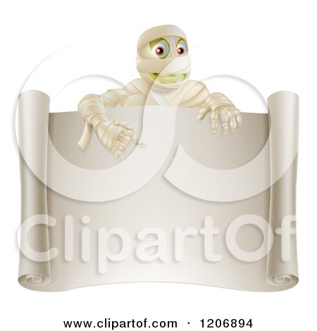 Cartoon of a Happy Halloween Mummy Pointing down to a Blank Scroll Sign - Royalty Free Vector Clipart by AtStockIllustration