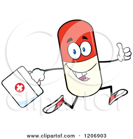 Cartoon of a Happy Pill Mascot Running with a First Aid Kit - Royalty Free Vector Clipart by Hit Toon