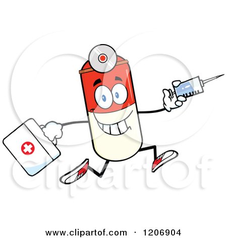 Cartoon of a Happy Pill Mascot Running with a Syringe and First Aid Kit - Royalty Free Vector Clipart by Hit Toon