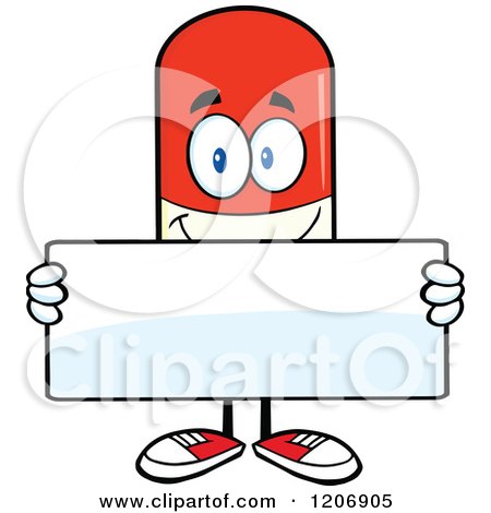 Cartoon of a Happy Pill Mascot Holding a Sign - Royalty Free Vector Clipart by Hit Toon