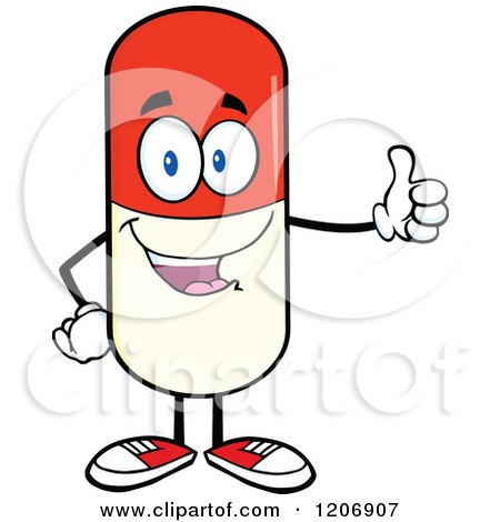Cartoon of a Happy Pill Mascot Holding a Thumb up - Royalty Free Vector Clipart by Hit Toon