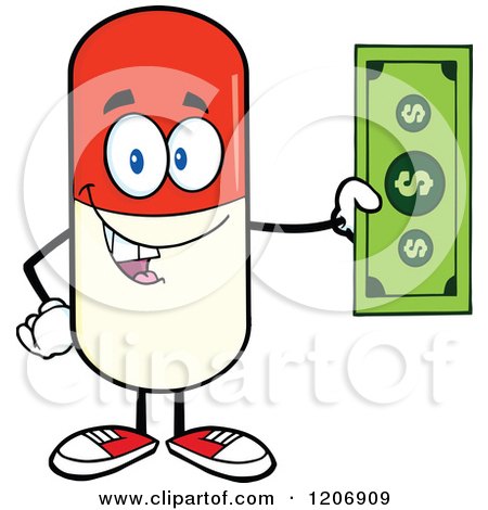 Cartoon of a Happy Pill Mascot Holding Cash - Royalty Free Vector Clipart by Hit Toon