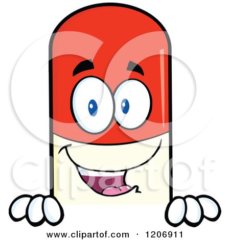 Cartoon of a Happy Pill Mascot over a Sign Edge - Royalty Free Vector Clipart by Hit Toon