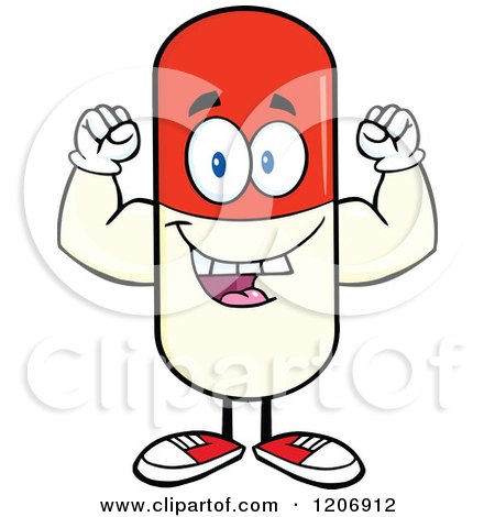 Cartoon of a Happy Pill Mascot Flexing - Royalty Free Vector Clipart by Hit Toon