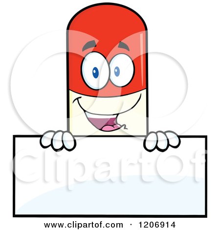 Cartoon of a Happy Pill Mascot over a Sign - Royalty Free Vector Clipart by Hit Toon