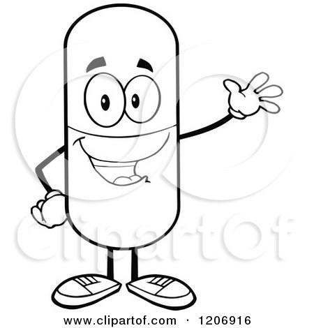 Cartoon of a Black and White Happy Pill Mascot Waving - Royalty Free Vector Clipart by Hit Toon