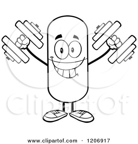 Cartoon of a Black and White Happy Pill Mascot Lifting Dumbbells - Royalty Free Vector Clipart by Hit Toon