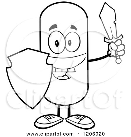 Cartoon of a Black and White Happy Pill Mascot with a Sword and Shield - Royalty Free Vector Clipart by Hit Toon