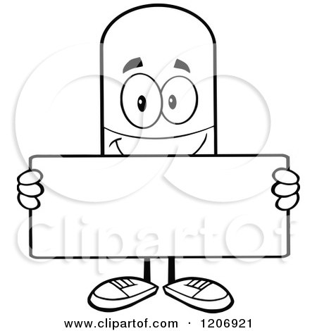 Cartoon of a Black and White Happy Pill Mascot Holding a Sign - Royalty Free Vector Clipart by Hit Toon