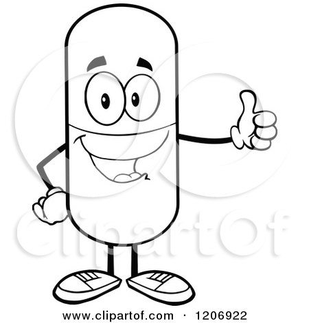 Cartoon of a Black and White Happy Pill Mascot Holding a Thumb up - Royalty Free Vector Clipart by Hit Toon